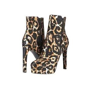 GUESS Dejah Black & Brown Leopard Print  Zip Up Ankle Block Heel Boots Size 5 M